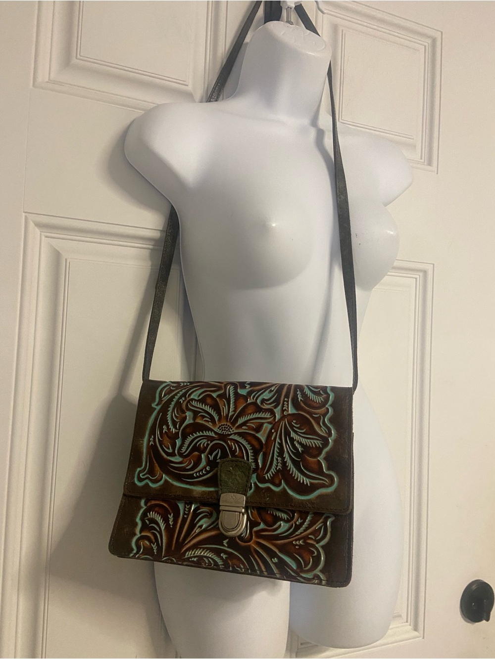 PATRICIA NASH Turquoise Accent Tooled Boho Floral Flap Closure Leather Crossbody